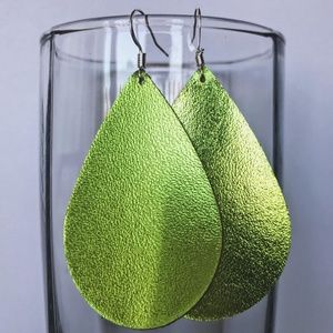 Metallic Lime Leather Teardrop Earrings